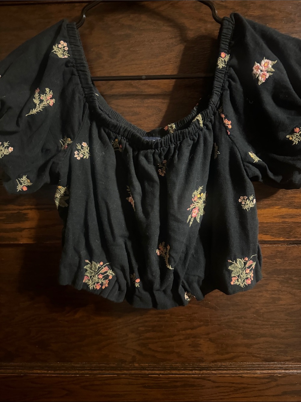 American Eagle Outfitters Black Floral Embroidered Puff-Sleeve Crop Top